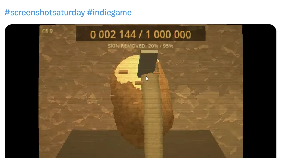 开发者推文截图展示《1000000 Potatoes》游戏画面：前苏联风格仓库中的削土豆工作台，屏幕上有削皮进度与计数器