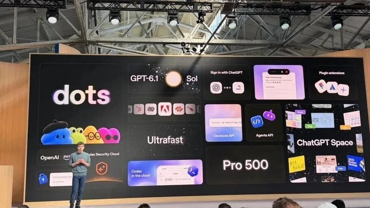 OpenAI DevDay 2026 发布会主视觉，常驻智能体 dots 由 GPT-6 Astra 驱动