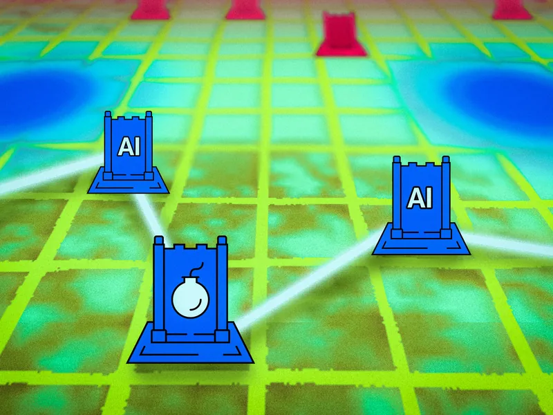 Stratego 棋盘示意图：AI 控制的棋子在暗战网格中布防，部分棋子带炸弹标记