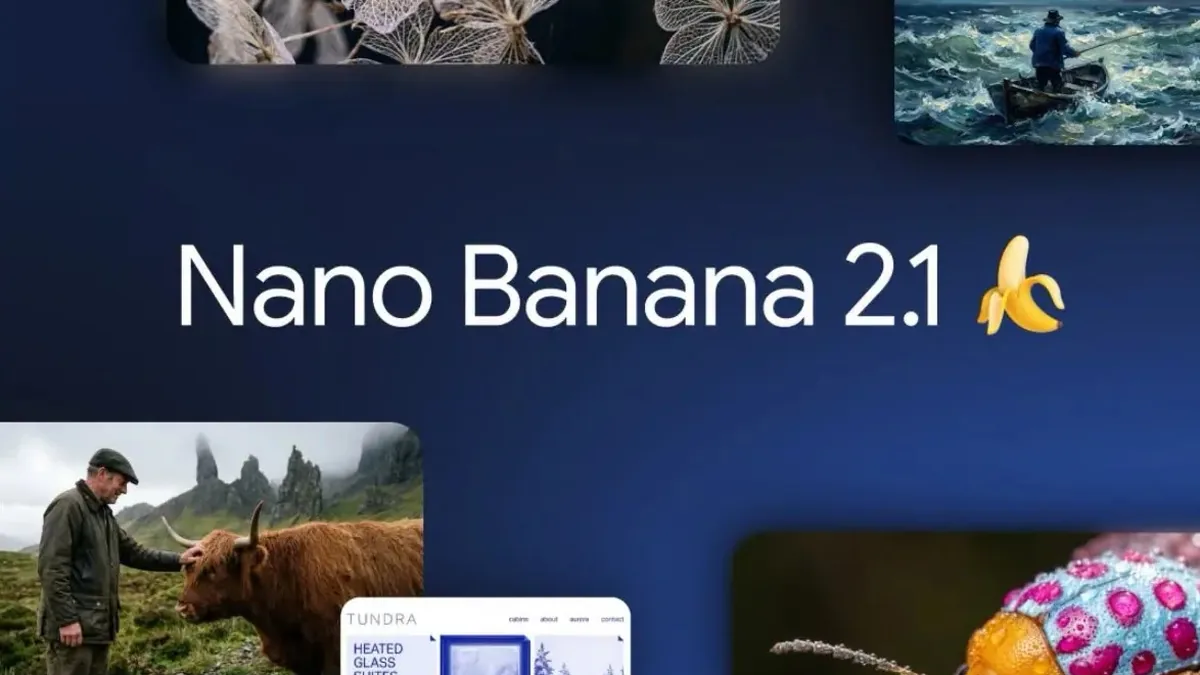 Nano Banana 2.1 官方主视觉，中央为模型名与香蕉图标，四周环绕官方示例图